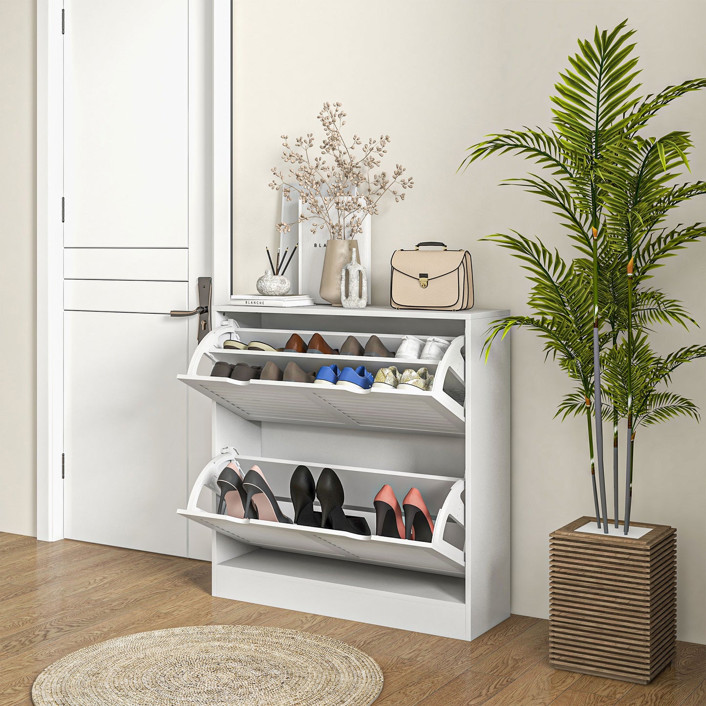 2 Drawers Entryway Shoe Cabinet, Narrow Shoe Storage Cabinet with 2 Flip Drawers
