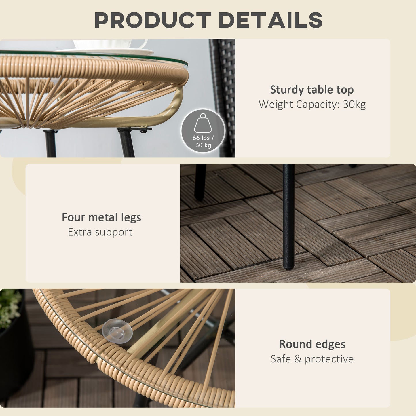 Rattan Side Table, Round Outdoor Coffee Table, with Round PE Rattan and Tempered Glass Tabletop for Patio, Garden, Balcony