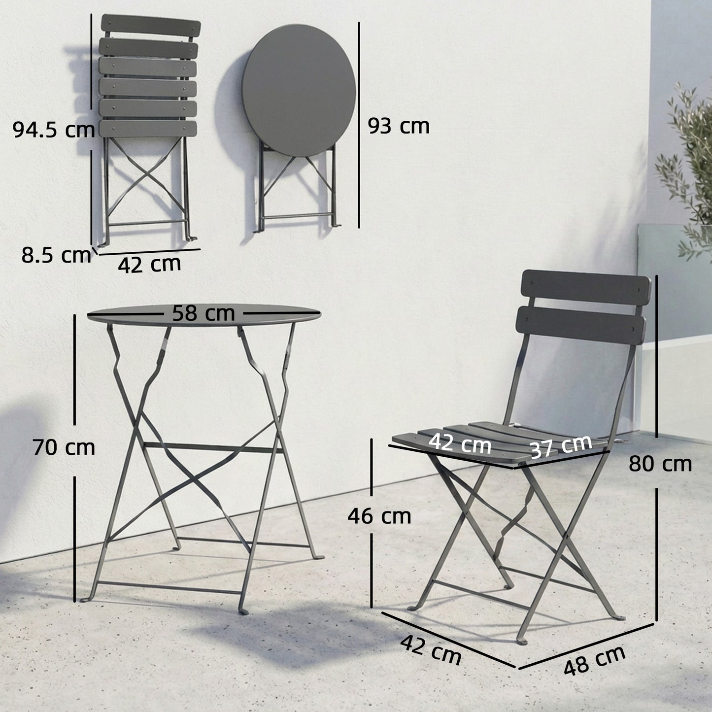 Folding Garden Bistro Set, Outdoor Round Bistro Table and Chairs Set 2 with Electrophoresis Metal Frame, Grey