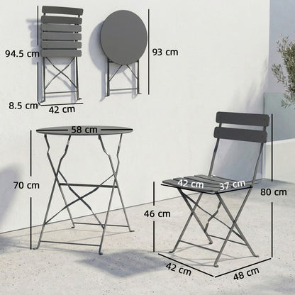 Folding Garden Bistro Set, Outdoor Round Bistro Table and Chairs Set 2 with Electrophoresis Metal Frame, Grey
