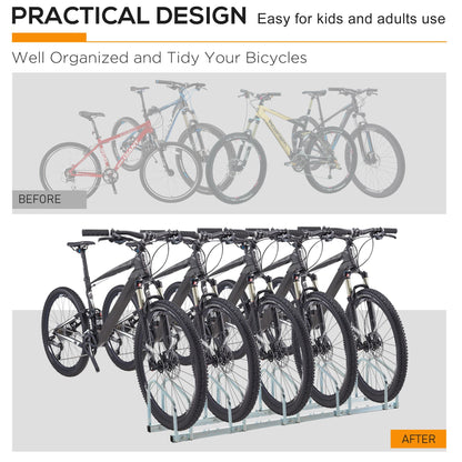 Bike Stand Parking Rack Floor or Wall Mount Bicycle Cycle Storage Locking Stand 145L x 33W x 27H (5 Racks, Silver)