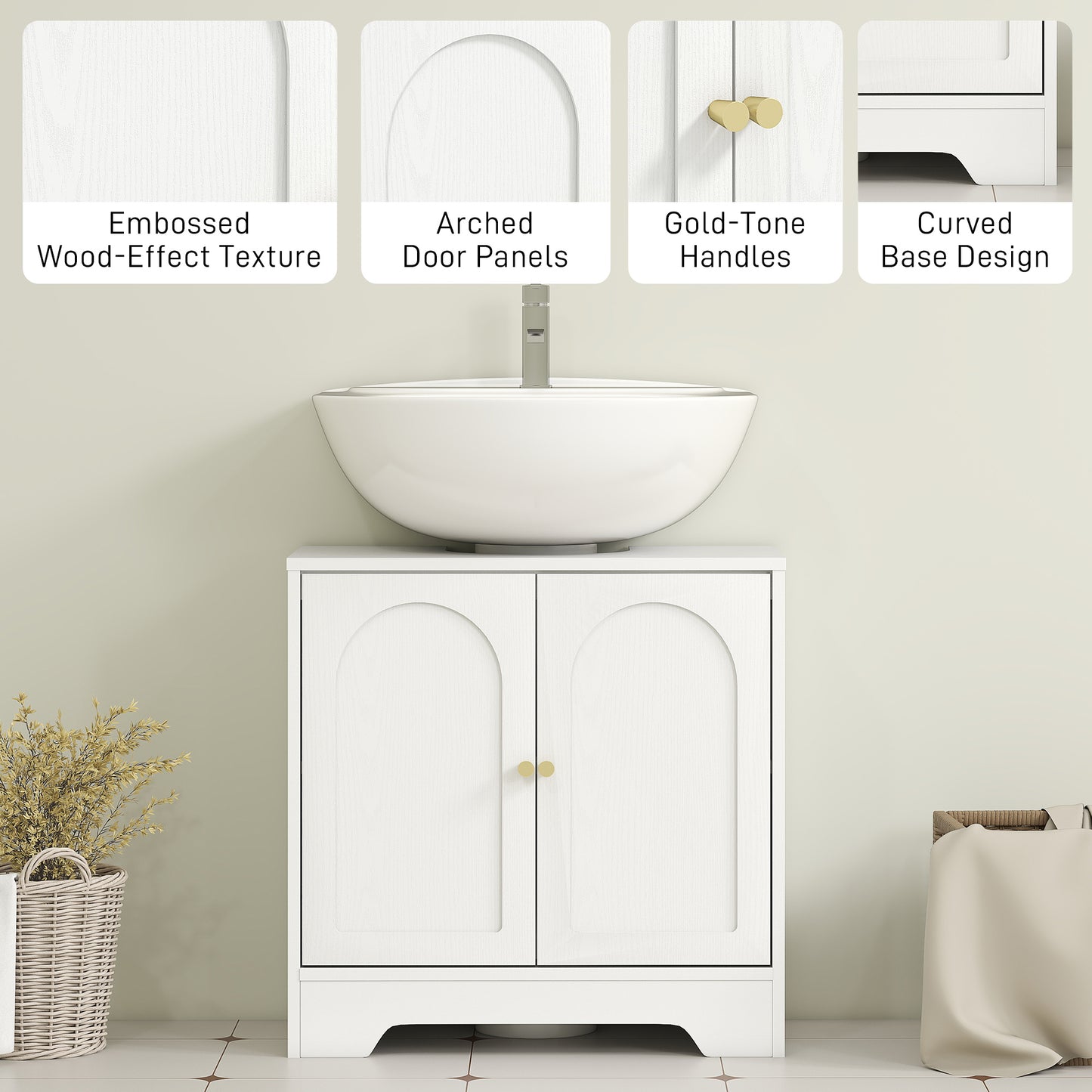 Under Sink Bathroom Cabinet with 2 Arch Doors - White