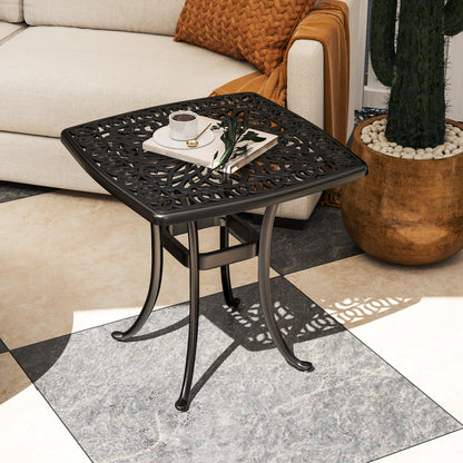 Outdoor Garden Table, Cast Aluminium Patio End Table with Umbrella Hole and Anti-slip Foot Pads for Garden, Patio, Balcony
