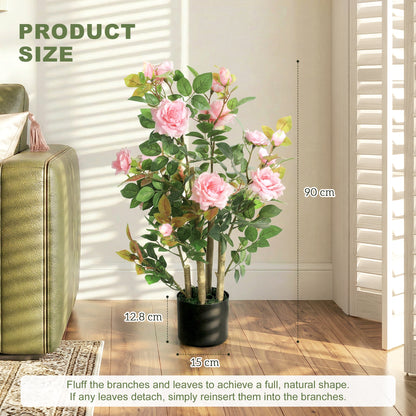90cm Artificial Rose Tree Set of 2, Decorative Fake Plant with 344 Silk Leaves 17 Flowers for Outdoor Indoor Decor, Pink