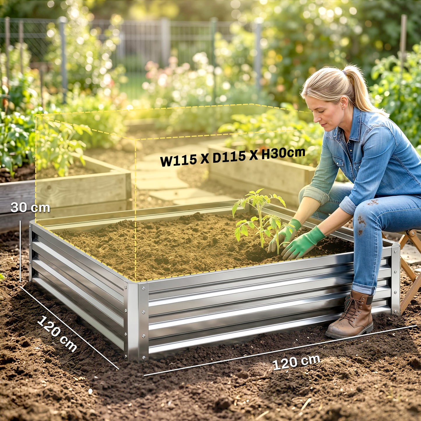Square Raised Garden Bed Box with Weatherized Steel Frame for Vegetables, Flowers, & Herbs, 120 x 120 x 30cm, Silver Tone