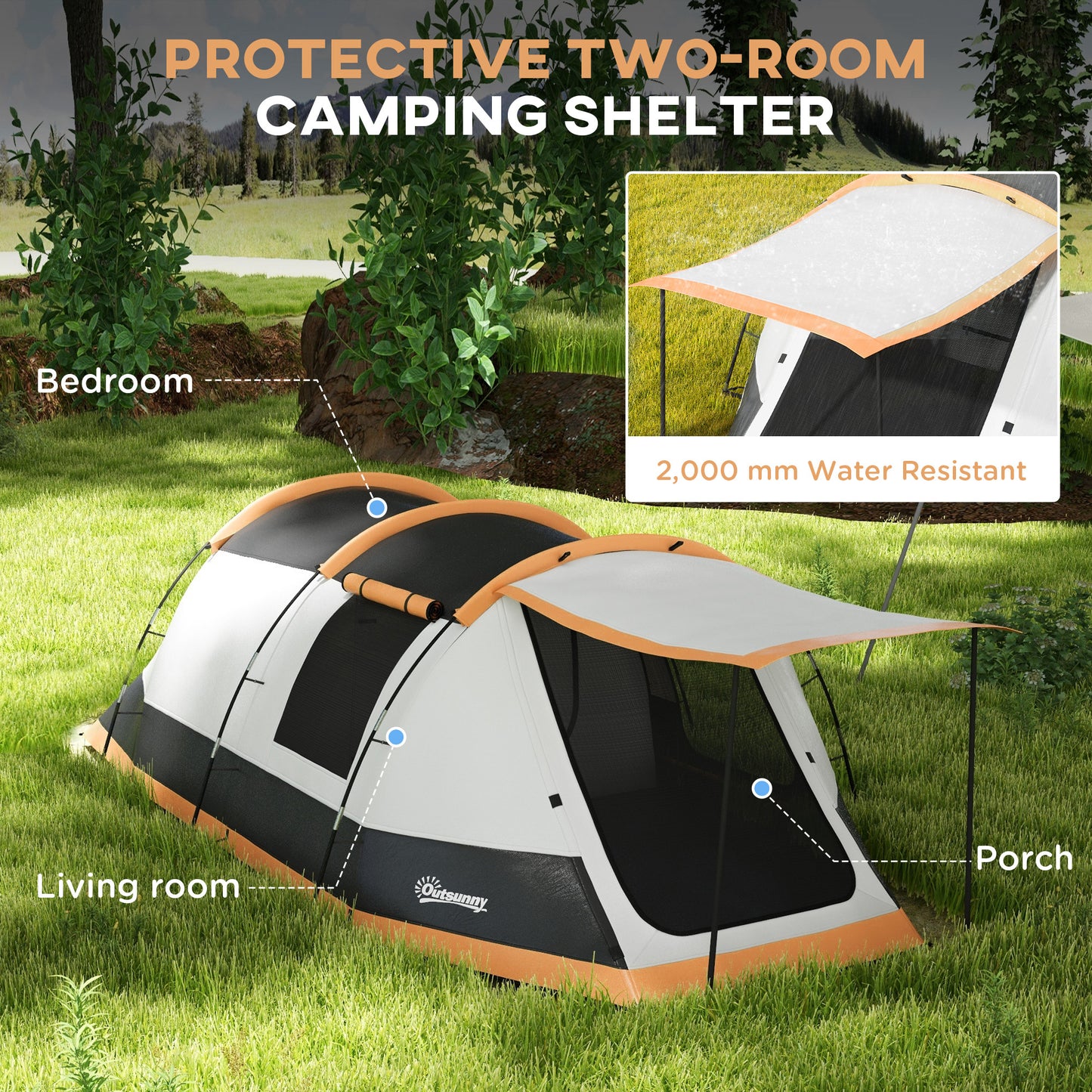 2 Man Camping Tent, with Two Rooms and Porch - Orange