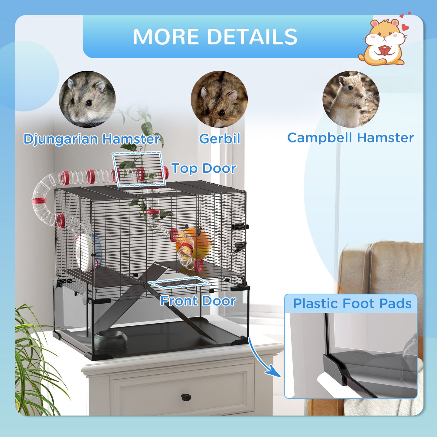 Gerbil Cage Dwarf Hamster Cage, with Deep Glass Bottom, Tunnels, Hut, Exercise Wheel, 60 x 40 x 57cm