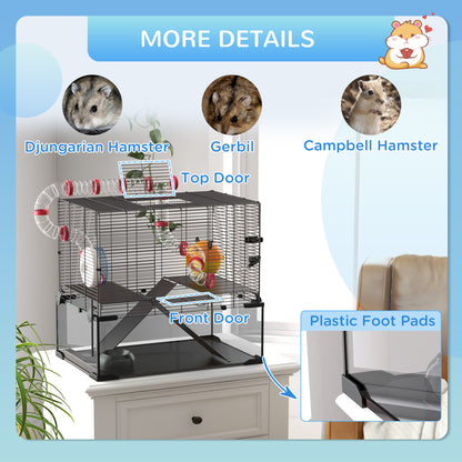 Gerbil Cage Dwarf Hamster Cage, with Deep Glass Bottom, Tunnels, Hut, Exercise Wheel, 60 x 40 x 57cm