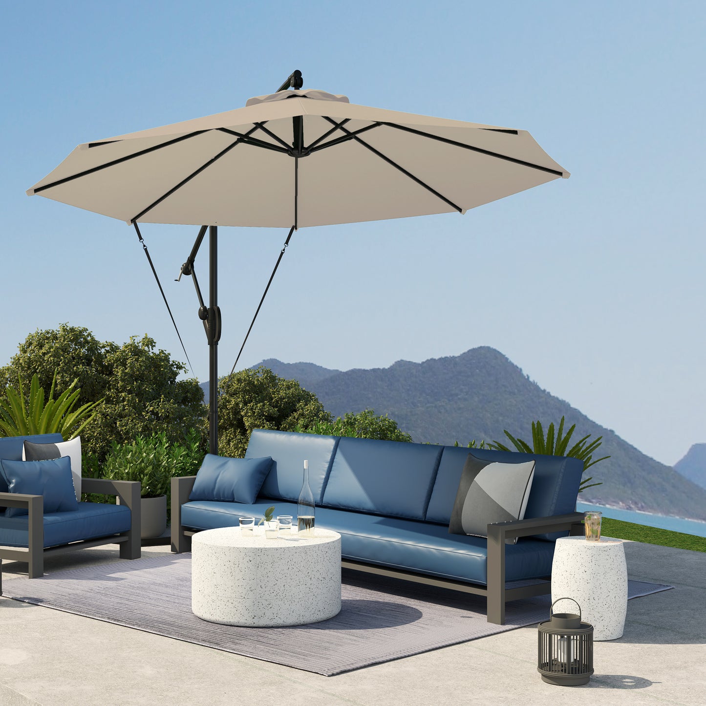 3(m) Garden Cantilever Parasol with Cover and Wind Protection Strap, Round Overhanging Umbrella with Crank Handle and Tilt
