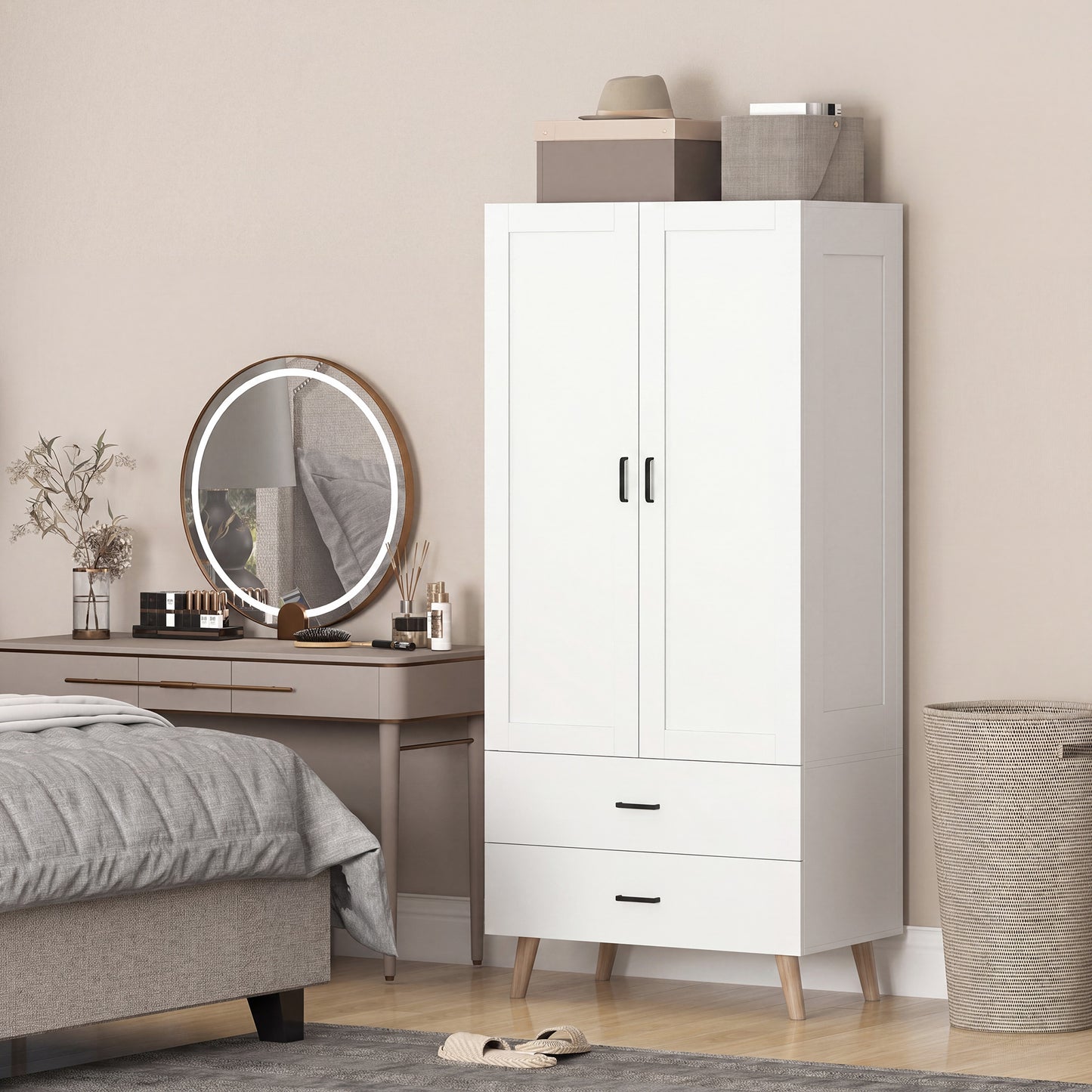 2-Door Wardrobe, Modern Wardrobe with 2 Drawers and Hanging Rail for Bedroom, White