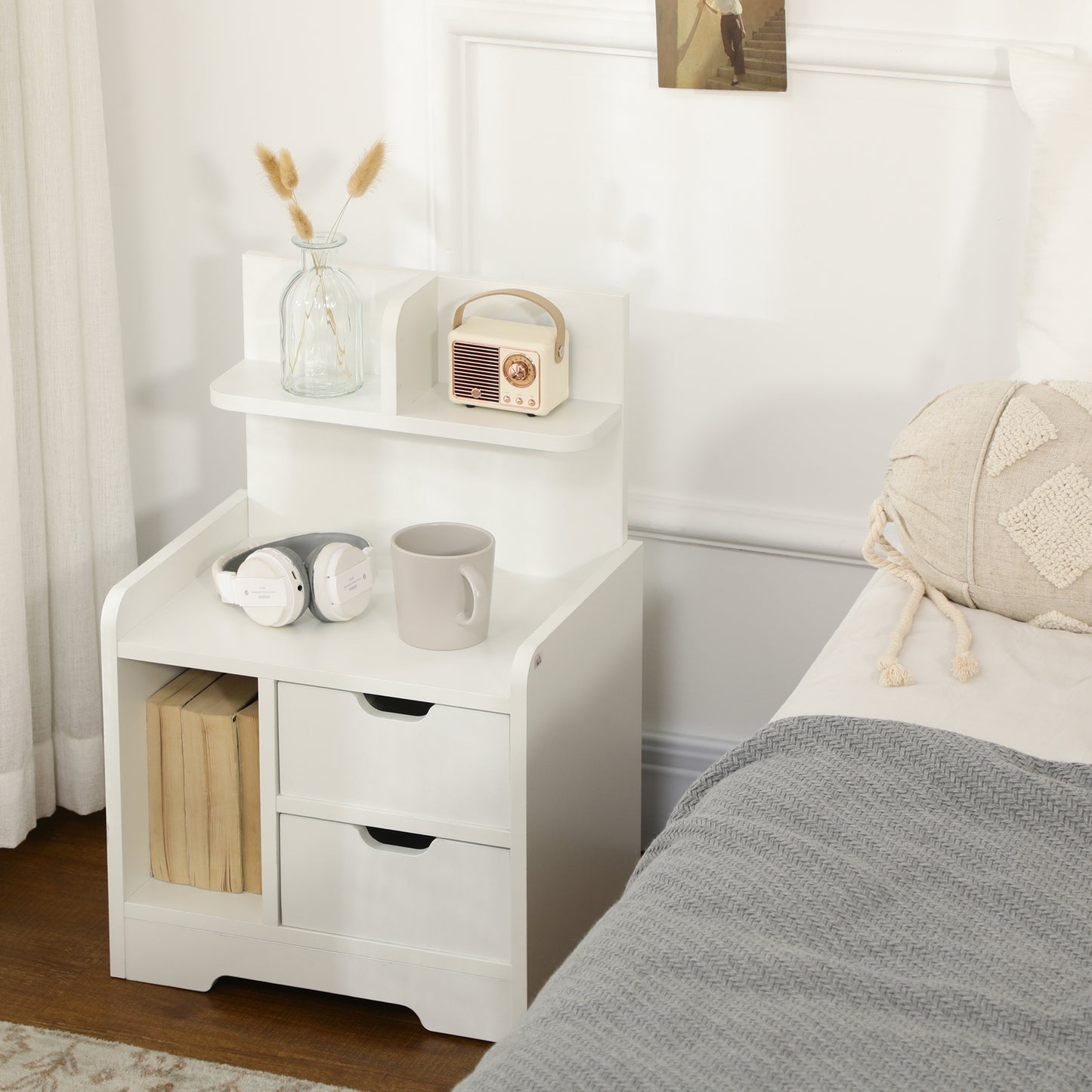 Bedside Table, Small Bedside Cabinet with 2 Drawers and Storage Shelves, Modern Nightstand for Bedroom, White