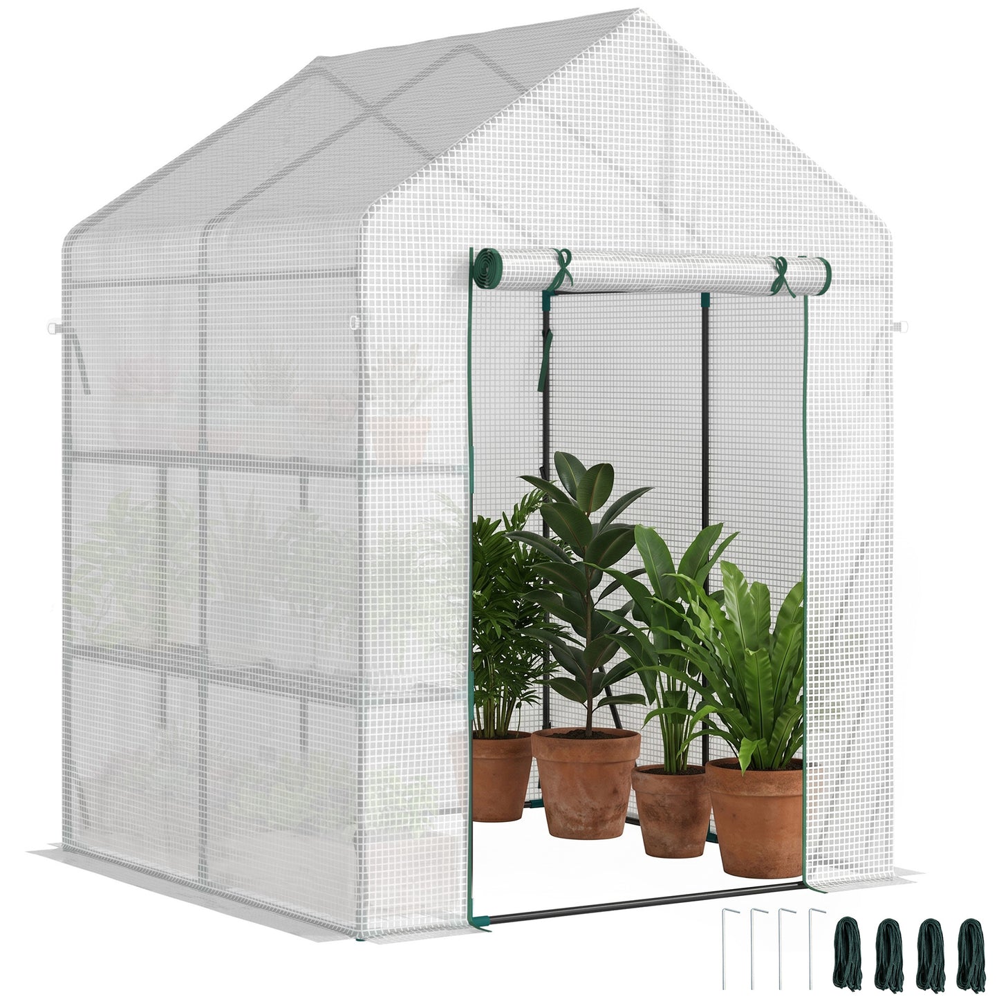 Walk In Greenhouse with 2 Tier Shelf, Portable Gardening Plant Grow House Tomato Greenhouse with Roll up Zip Panel Door