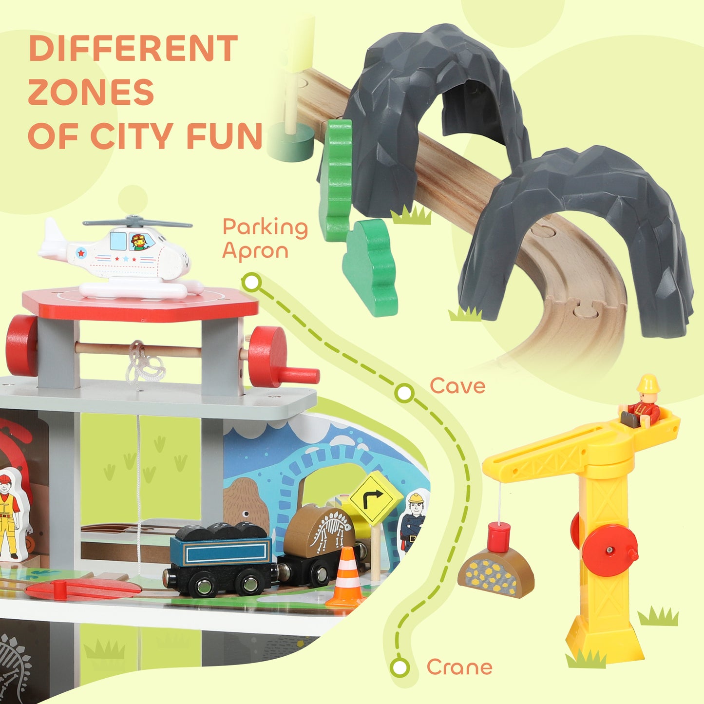 79 Piece Wooden Train Set, Kids Train Track Mine Themed with Crane, Helicopter