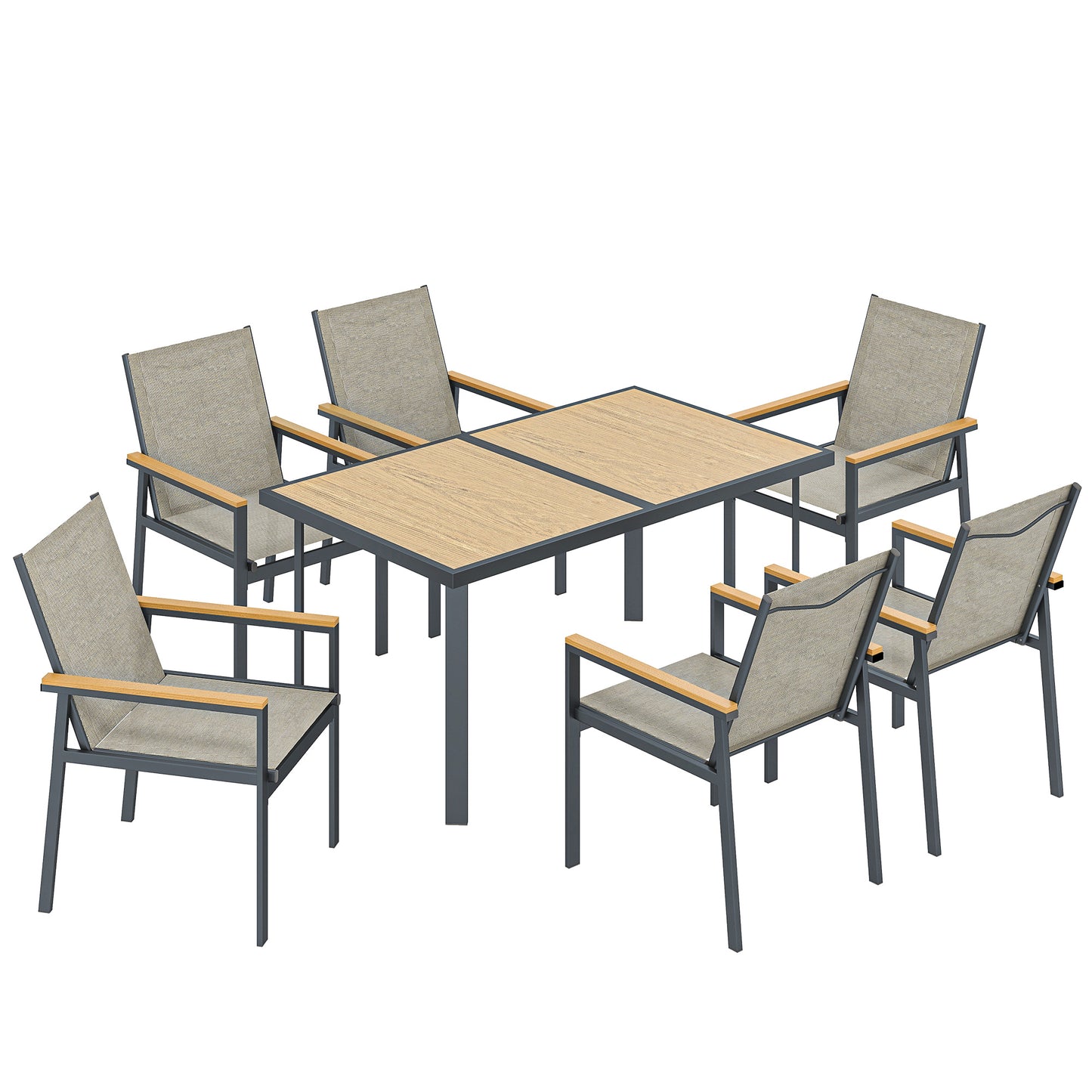 Seven-Piece Metal Garden Dining Set, with Glass-Top Table - Khaki
