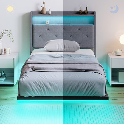 Floating Bed Frame, Upholstered 3ft Single Size Bed, Platform Bed with RGB LED Lights and Charging Station, Grey