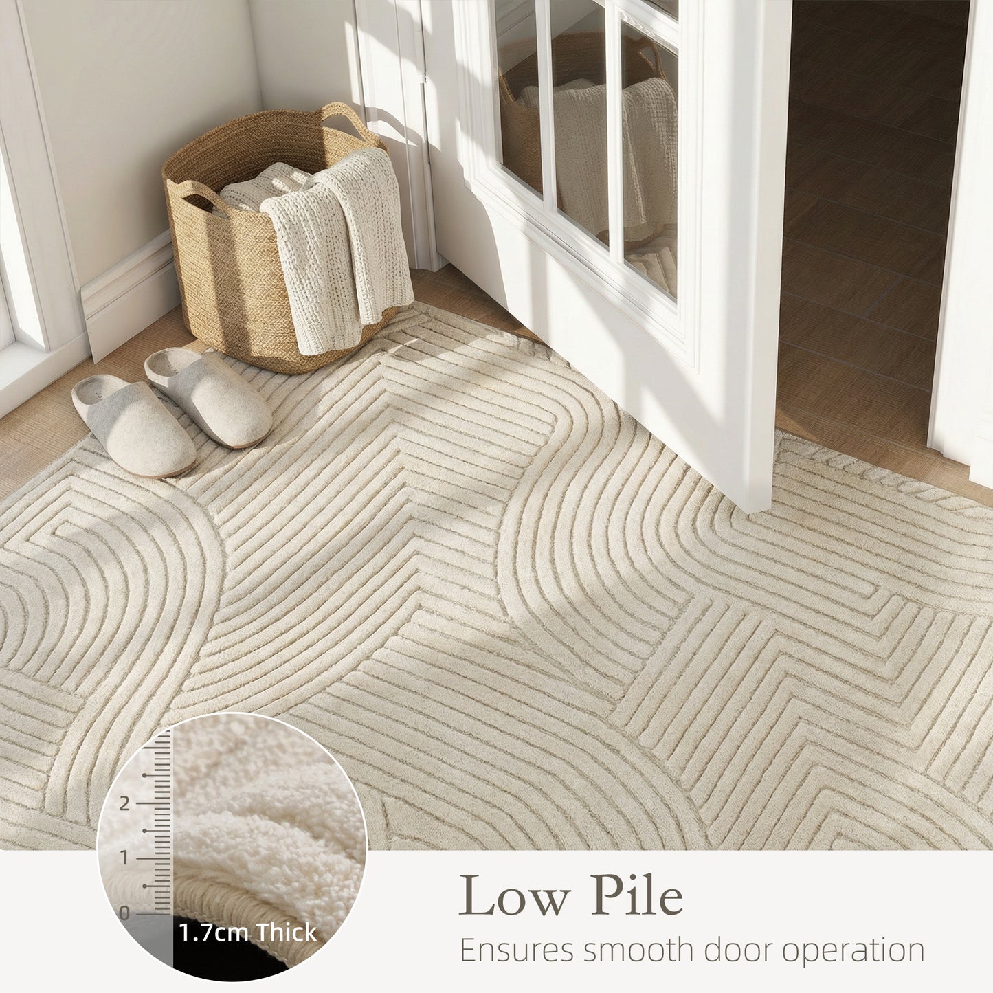 Modern Geometric Rug, Thick Plush, Non-Slip, 200 x 140 cm, Cream, Living Room, Bedroom, Office