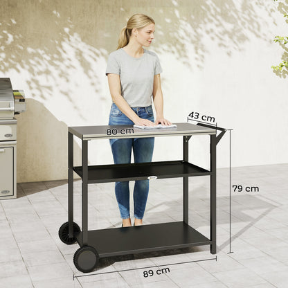 Outdoor Grill Cart with Stainless Steel Tabletop for Kitchen Prep, Two-Tier Pizza Oven Stand on Wheels, Black