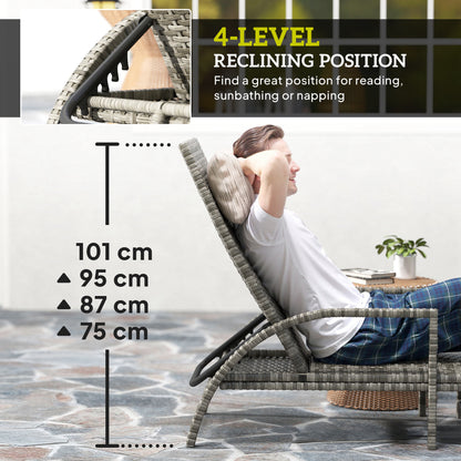 Reclining Rattan Lounger, with Extending Footrest - Grey