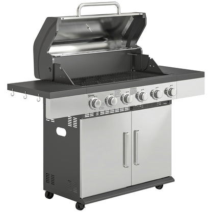 6 Burner Liquid Propane Gas BBQ Grill, Outdoor Portable Gas Barbecue Grill with Warming Rack, Side Tables, Cabinet
