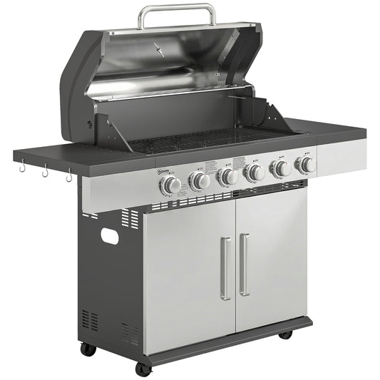 6 Burner Liquid Propane Gas BBQ Grill, Outdoor Portable Gas Barbecue Grill with Warming Rack, Side Tables, Cabinet