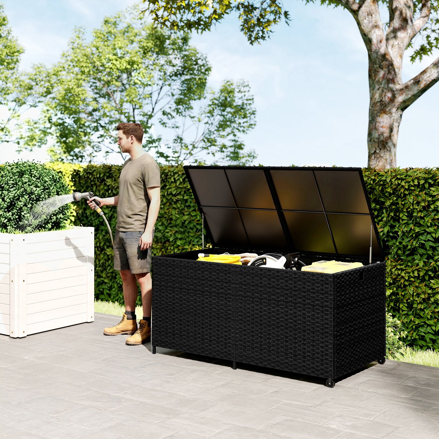 650L Garden Storage Box with 2 Wheels, Rattan Deck Box with Waterproof Zipped Liner, Safe Pneumatic Rods, Black
