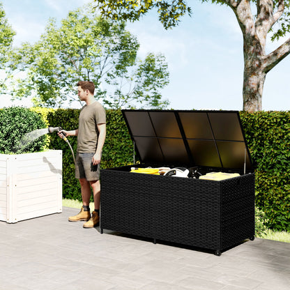 650L Garden Storage Box with 2 Wheels, Rattan Deck Box with Waterproof Zipped Liner, Safe Pneumatic Rods, Black