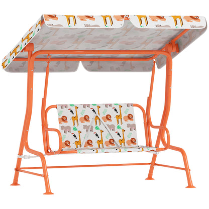 Kids Porch Swing, 2-Seater Patio Swing Bench Hammock with Seat Belts, Adjustable Canopy for Garden, Orange