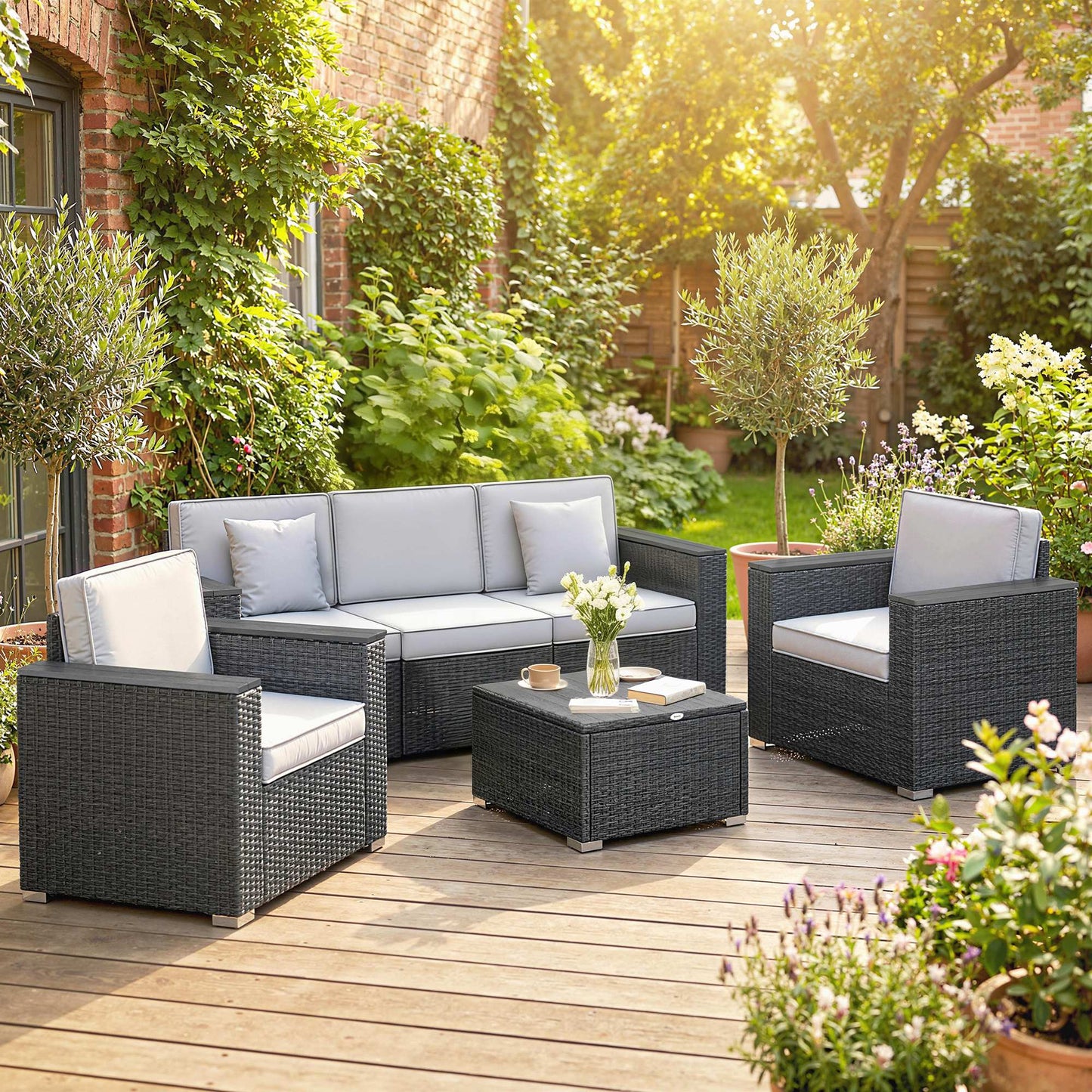 5 Seater Rattan Garden Furniture Set with Wide Armrests, Cushions, Pillows for Patio, Dark Grey