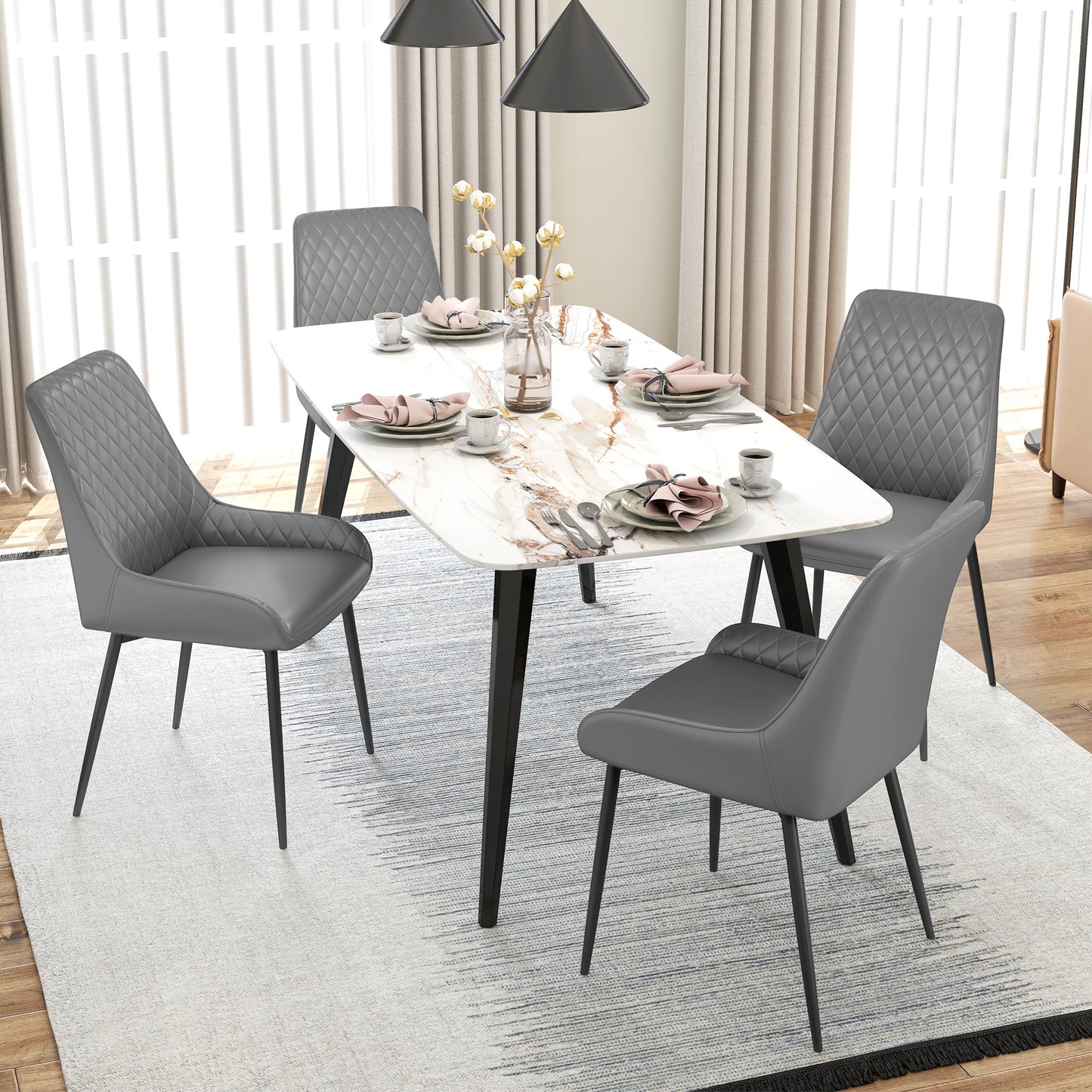 Set Of 2 Quilted PU Leather Dining Chairs with Metal Frame 4 Legs Foot Caps Home Seating Modern Stylish Executive Grey
