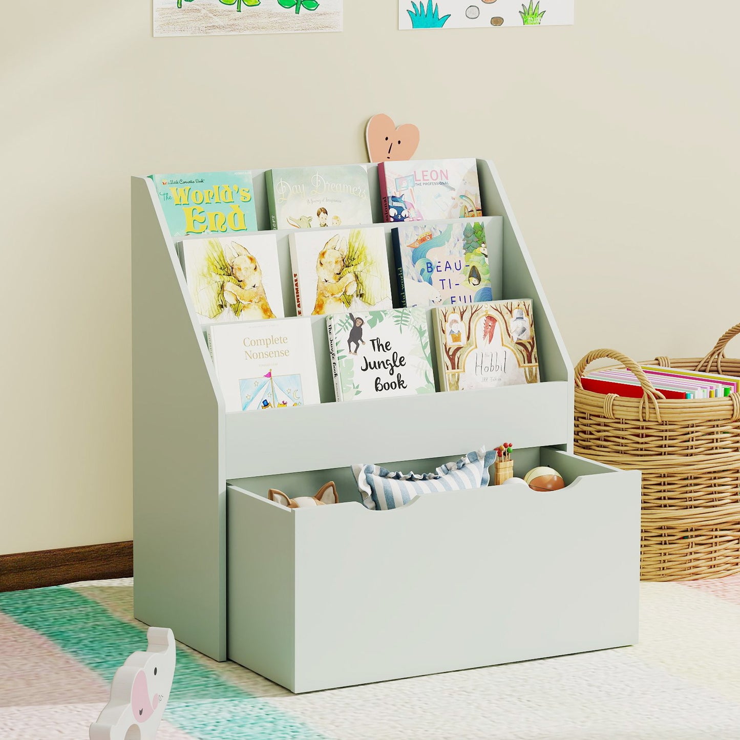 Bookcase for Kids with Shelves, Drawer, Bookcase for Bedroom, Playroom, Green