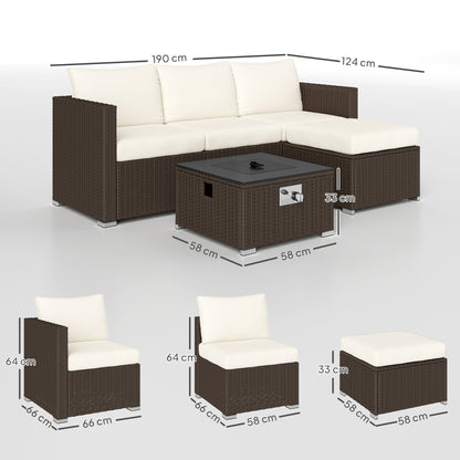Five Piece Rattan Garden Furniture Set with Gas Fire Pit Table and Footstool - Brown and Cream White