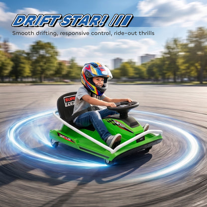 24V Electric Go Kart for Kids with Drift Mode, 300W Brushless Motor, Soft Start and Dual Speed for Ages 6-10, Green