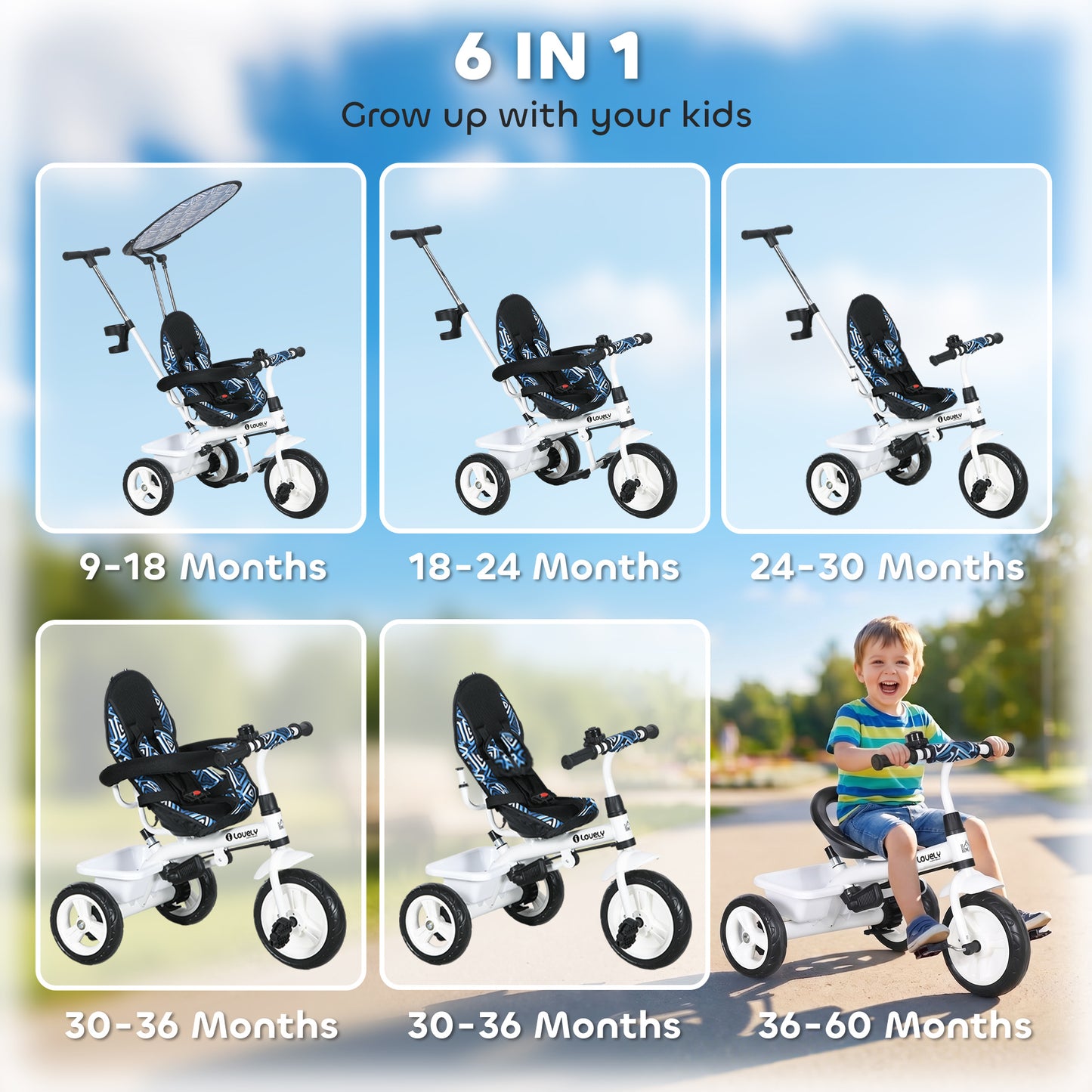 6 in 1 Tricycle for Kids with 5-point harness straps, Removable Canopy, Blue