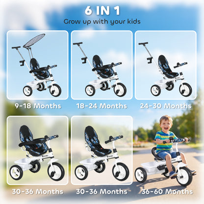 6 in 1 Tricycle for Kids with 5-point harness straps, Removable Canopy, Blue