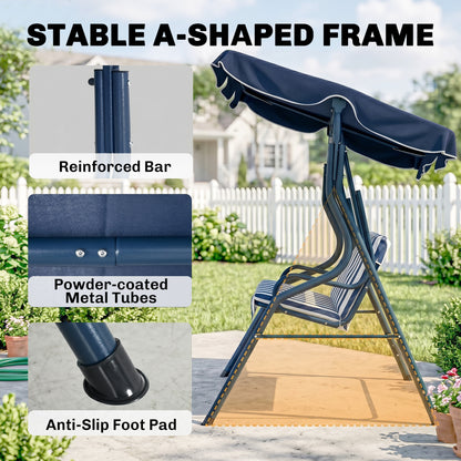3 Seater Garden Swing Seat Chair Outdoor Bench with Adjustable Canopy and Metal Frame, Blue Stripes