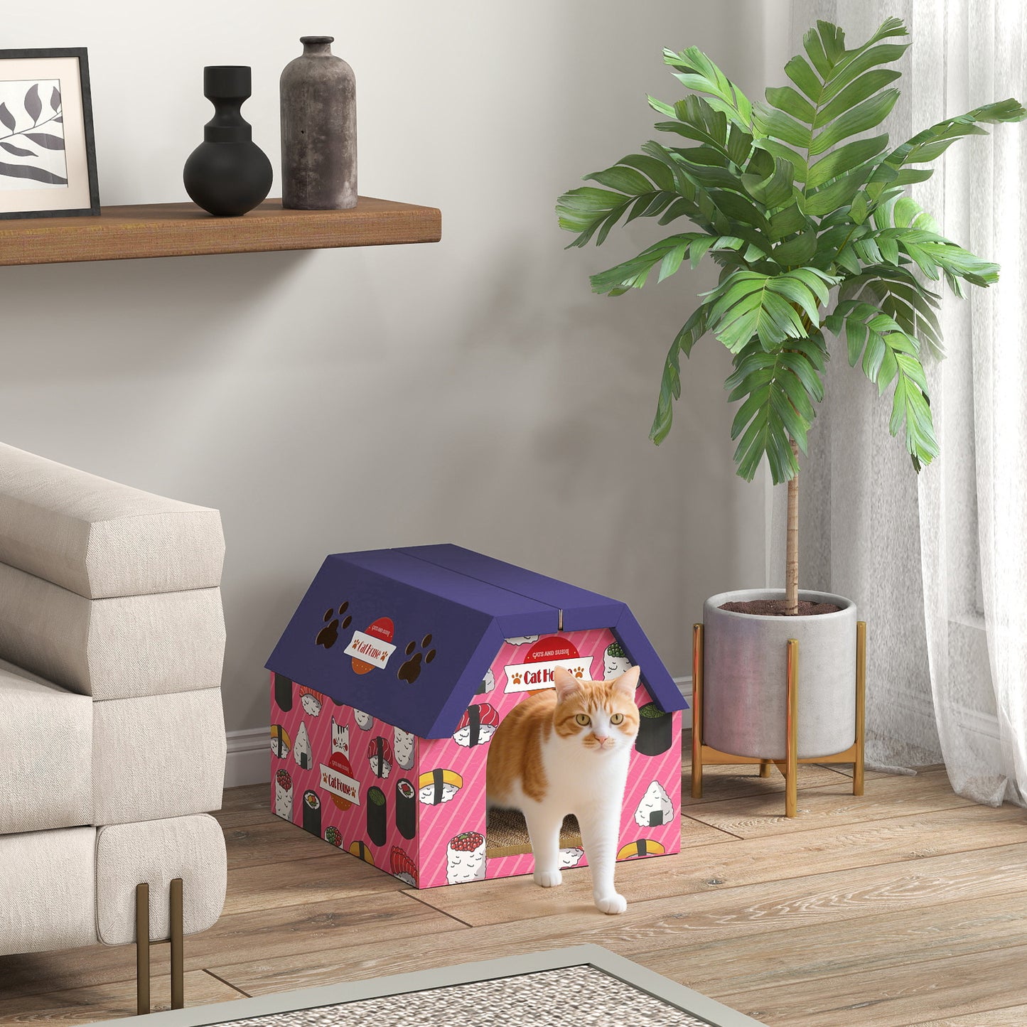 Cat Scratching Board, 2-in-1 Cardboard Cat House and Hideaway for Indoor Cats, Pink