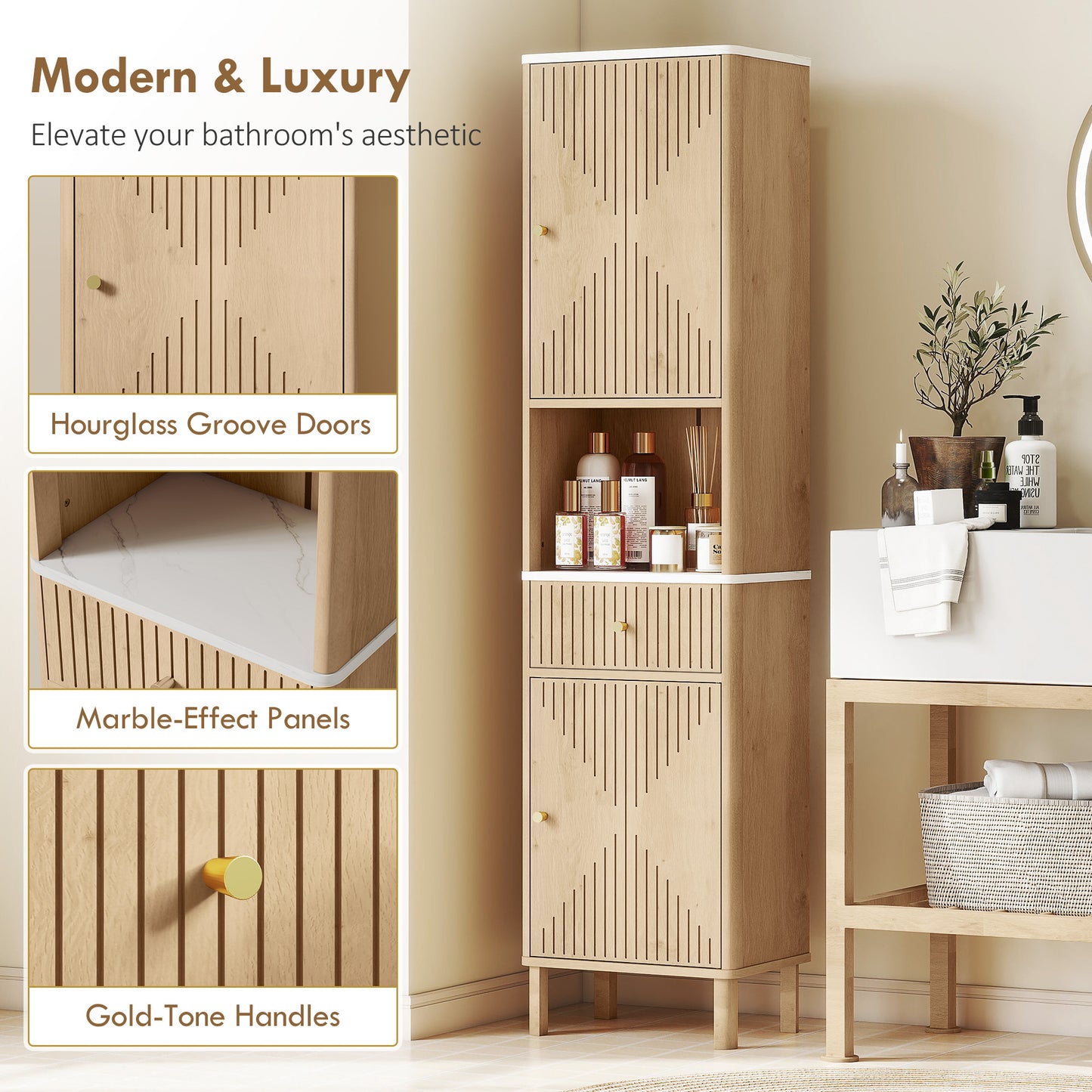 Slim Bathroom Cabinet with Silent Drawer Rail for Scandinavian, Japanese Styles - Wood-Effect