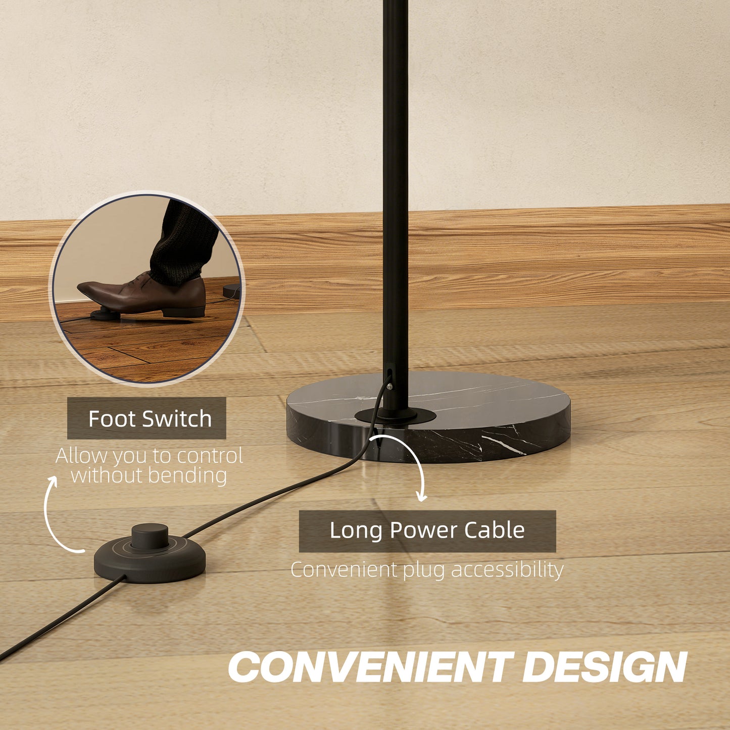 Arc Floor Lamp for Living Room, Modern Adjustable Standing Lamp with Faux Black Marble Base Black