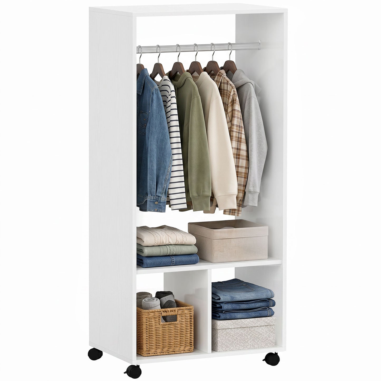 Open Wardrobe on Wheels, Bedroom Wardrobe with Clothes Hanging Rail, 2 Storage Shelves, Mobile Garment Rack for Cloakroom