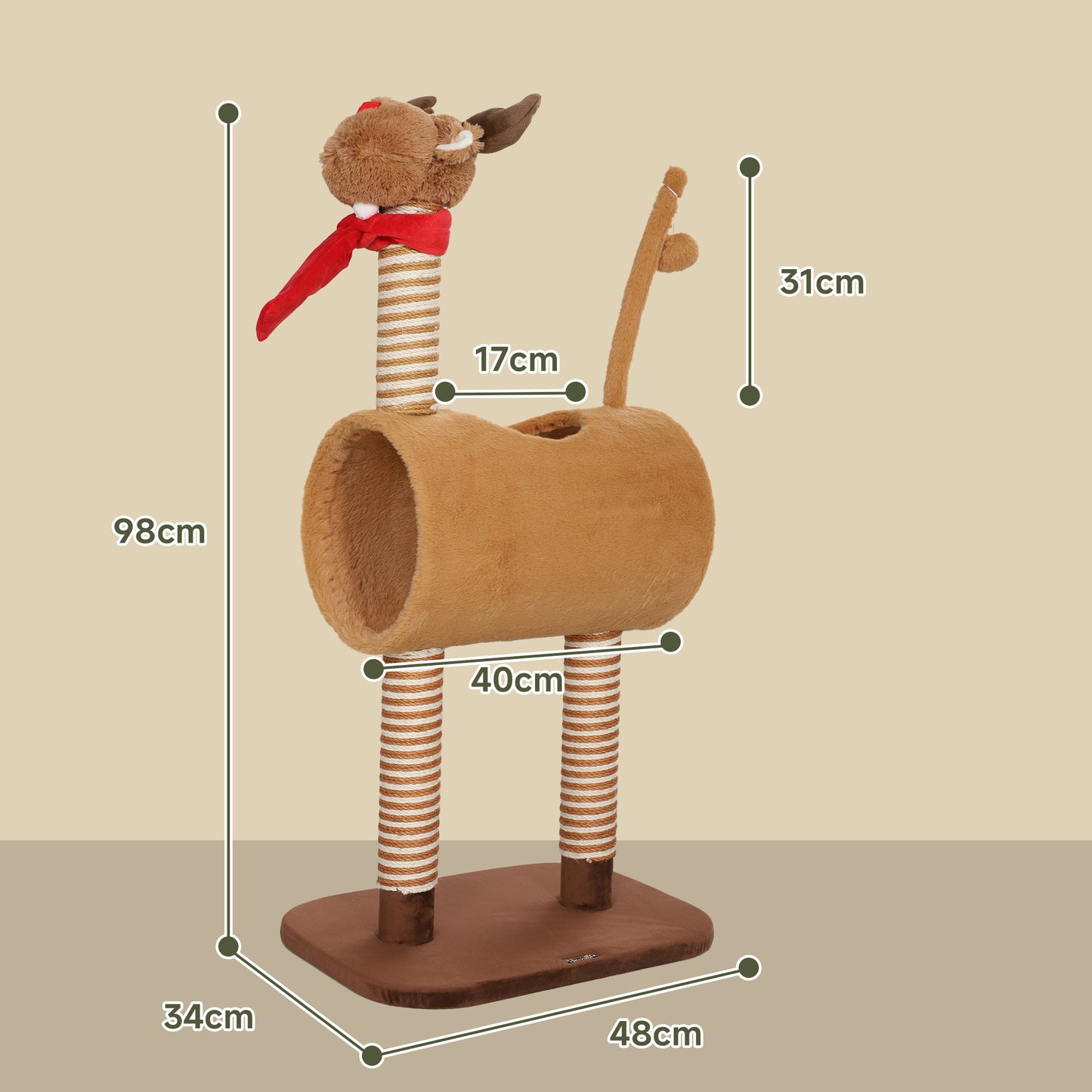 98cm Deer-Designed Cat Tree with Scratching Posts, Toy Ball, Tunnel, Brown