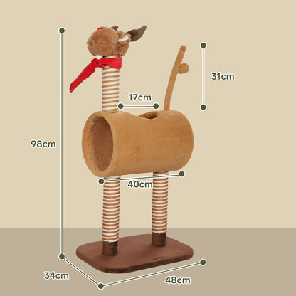 98cm Deer-Designed Cat Tree with Scratching Posts, Toy Ball, Tunnel, Brown