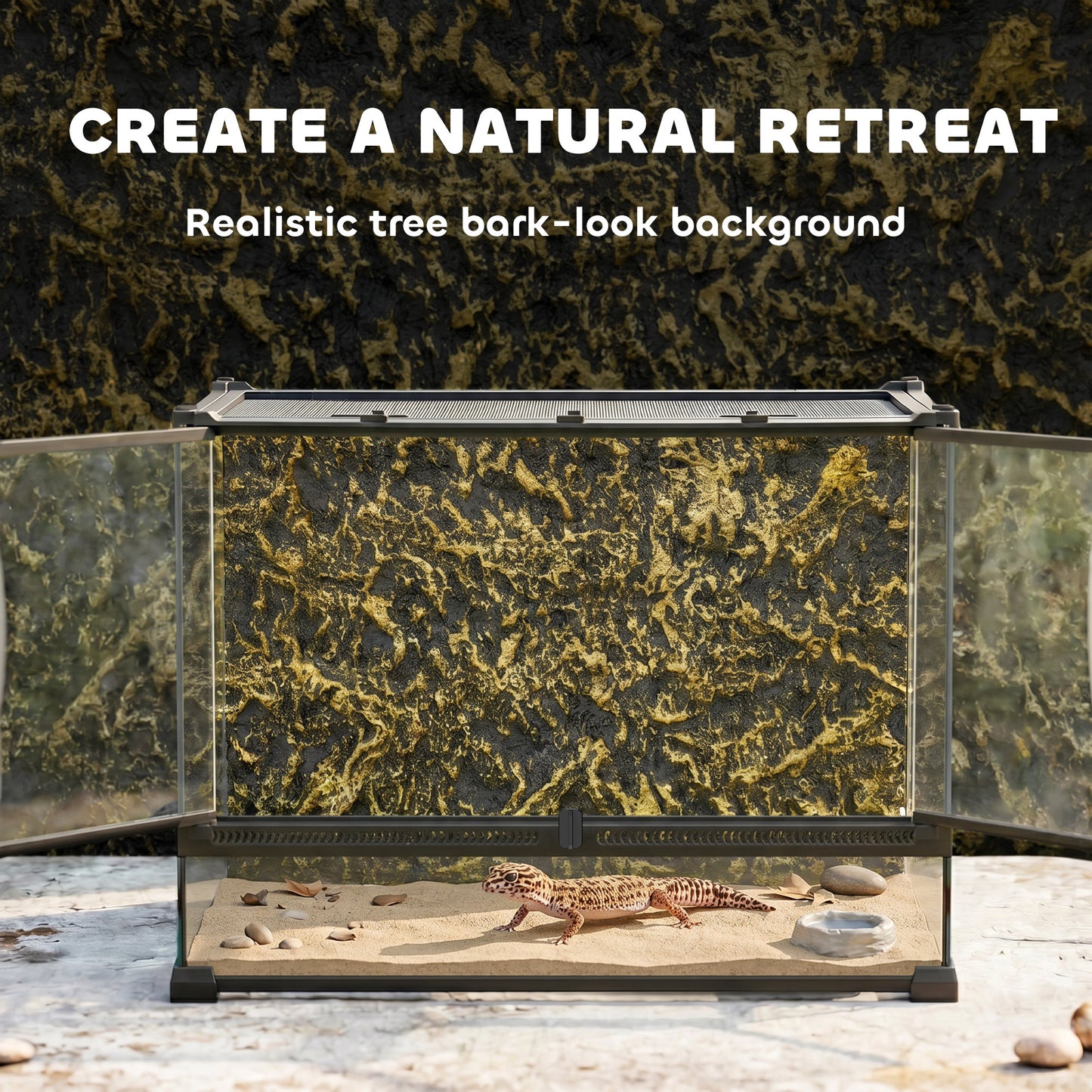 Reptile Glass Terrarium with Stone Background, Front Ventilation, Escape-Proof Knob Lock, 50 x 30 x 35 cm, Black