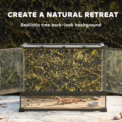 Reptile Glass Terrarium with Stone Background, Front Ventilation, Escape-Proof Knob Lock, 50 x 30 x 35 cm, Black