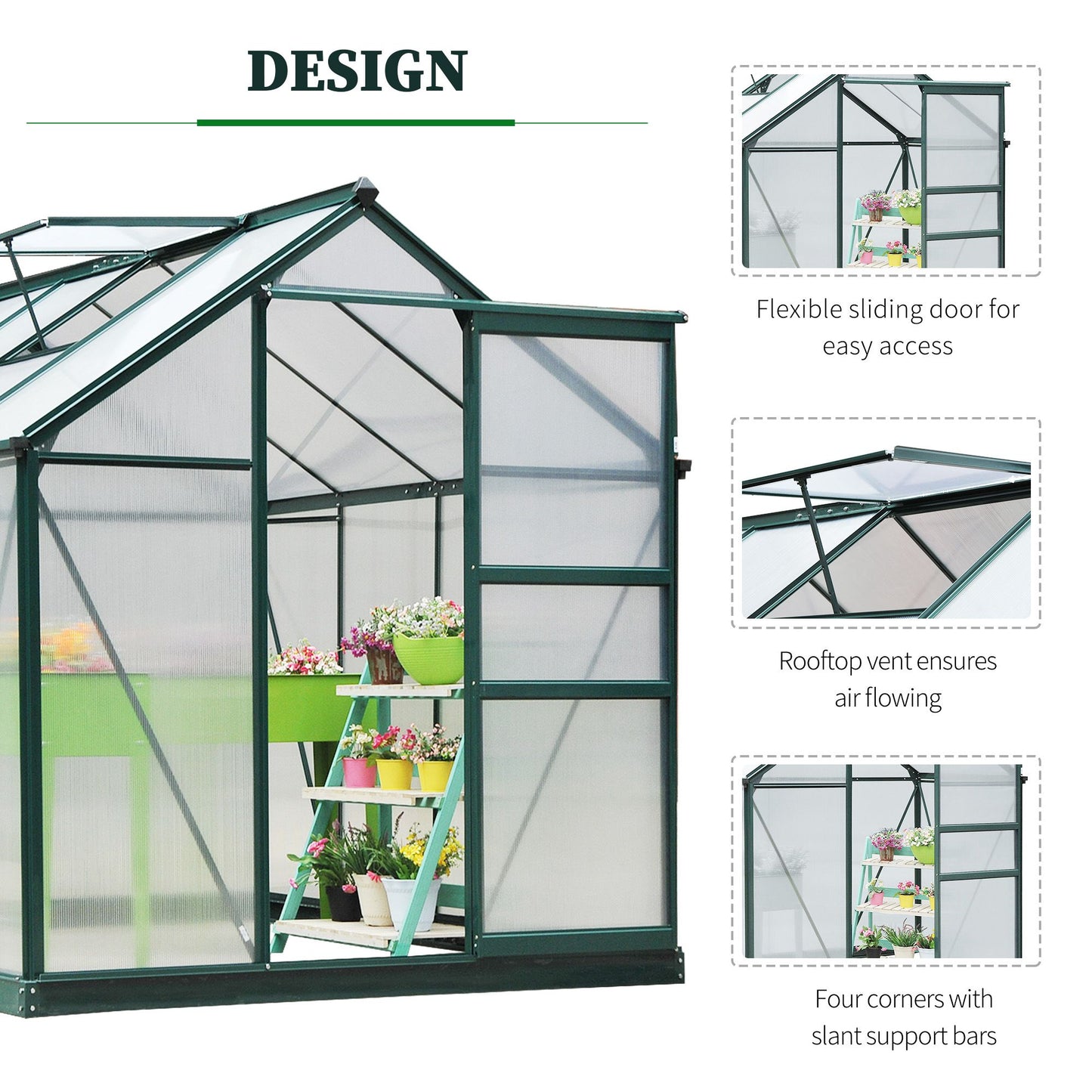 6 x 8ft Polycarbonate Greenhouse, Large Walk-In Green House with Slide Door and Window