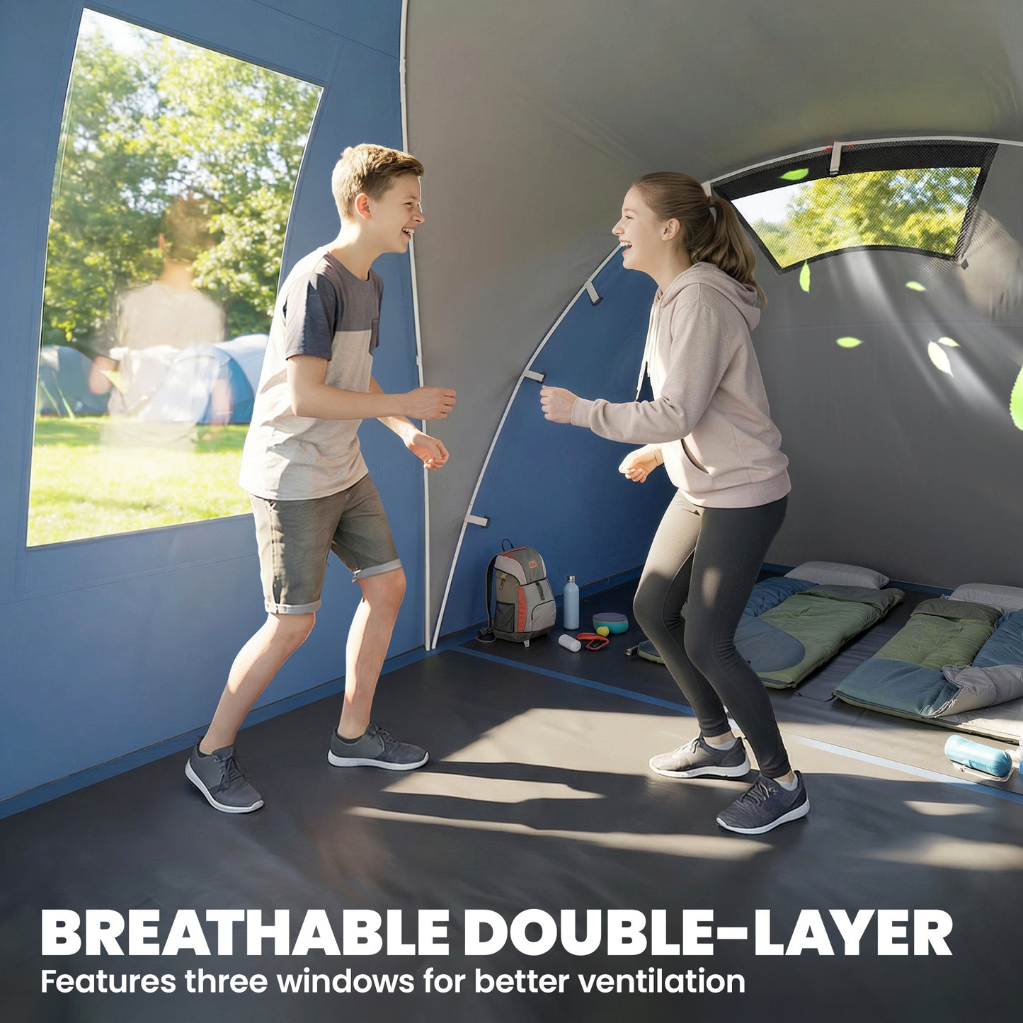 Family Camping Tent 3000mm Waterproof Windproof Tunnel Tent 6 Person, Navy Blue & Light Grey