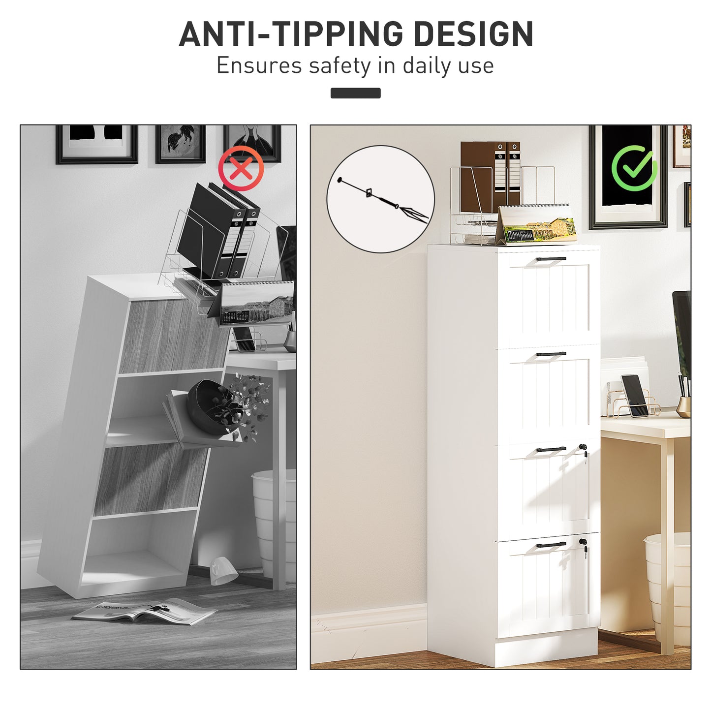 4 Drawer Filing Cabinet with Lock, Office Storage Cabinet with Adjustable Hanging Bars for A4 Letter Size Files, White