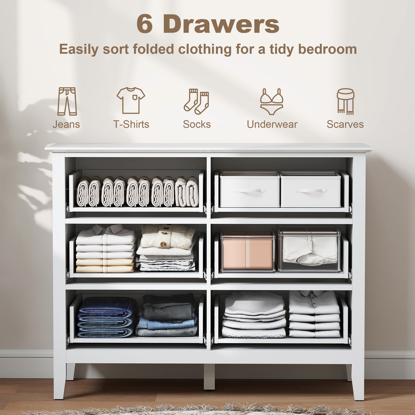 Fluted Dresser, 6 Drawer Chest of Drawers for Bedroom, Living Room, Hallway, Closet, White