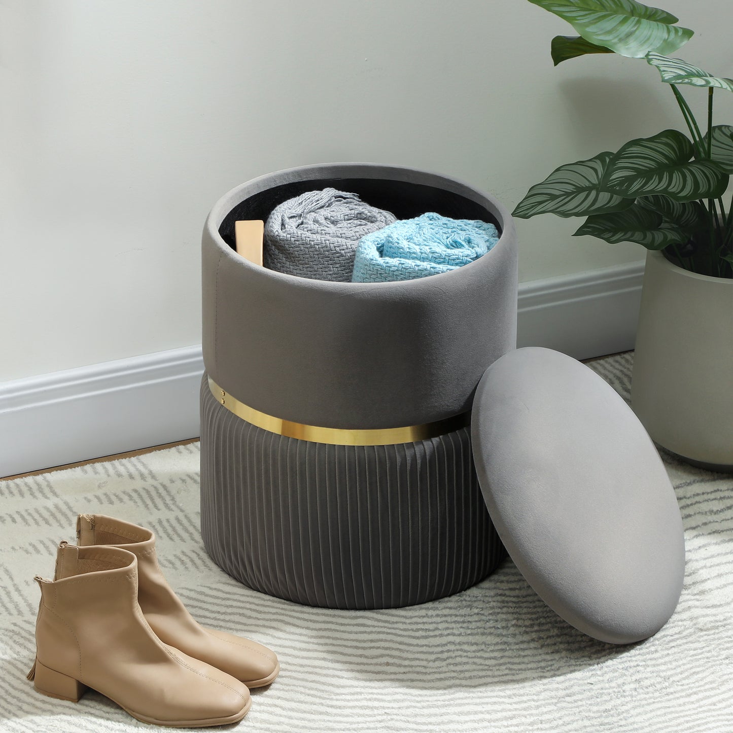 Velvet-Feel Storage Ottoman - Grey
