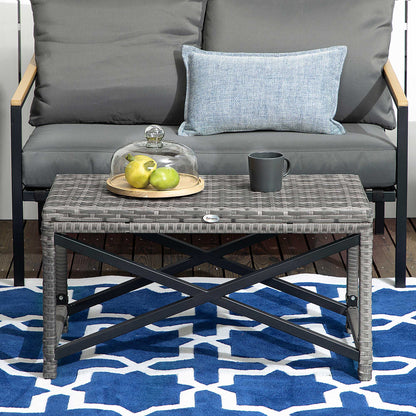 Outdoor Coffee Table, Garden PE Rattan Side Table with Plastic Board Under the Full Woven Table Top and X-Shaped Frame for Pa