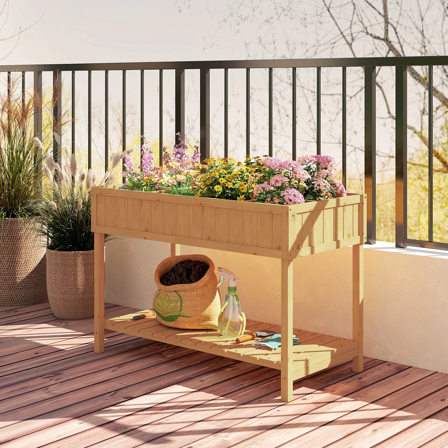 Garden Wooden Planters, Rectangular 8 Compartment Plant Stand, Oak Tone